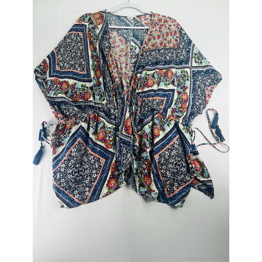 En Creme Floral Boho Kimono Cover Up Tassel Tie 100% Rayon Size M - Picture 7 of 12
